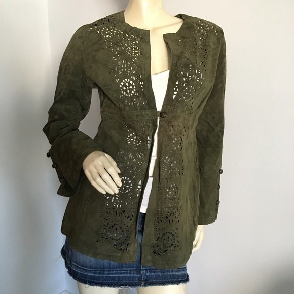 Green genuine leather suede jacket with laser cut detail size medium - Picture 1 of 8